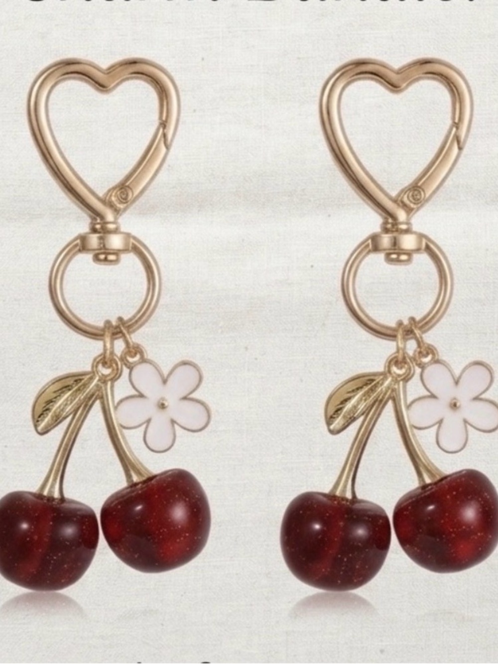 2 Pack Cherry Bag Charm ~ Gold & Deep Red - Picture 3 of 9